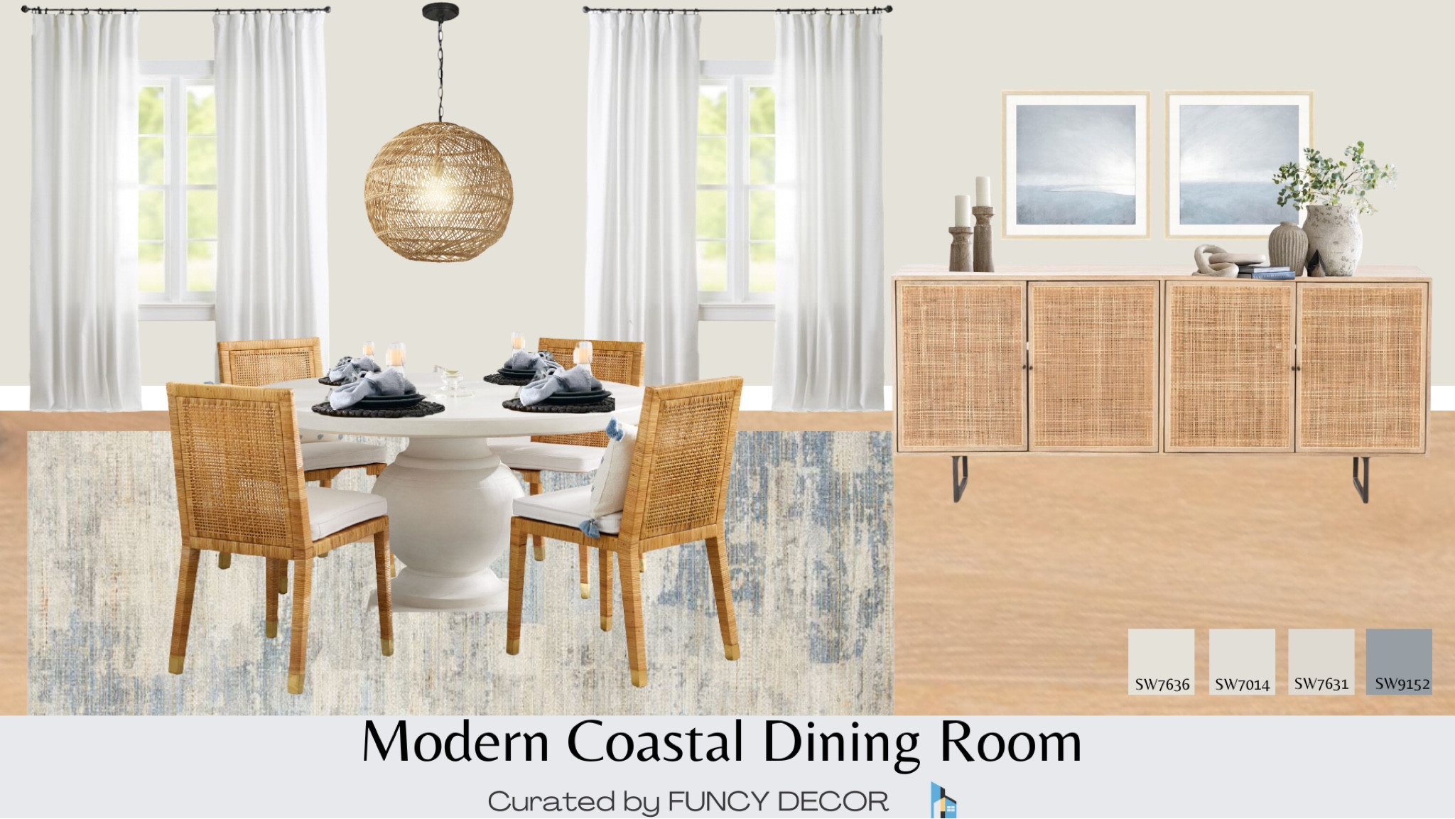 This Modern Coastal dining room is sleek and soothing in its blue water tones and woven furniture.  Pieces are curated from Serena and Lilly and Pottery Barn.

#LTKstyletip #LTKFind #LTKhome