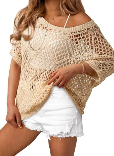 Dokotoo Beach Cover Ups for Women 2026 Summer Crochet Hollow Out Short Sleeve Sweaters Casual Crewneck Off The Shoulder Shirts Beach Vacation Clothes Bathing Suit Cruise Outfits Apricot S | Amazon (US)