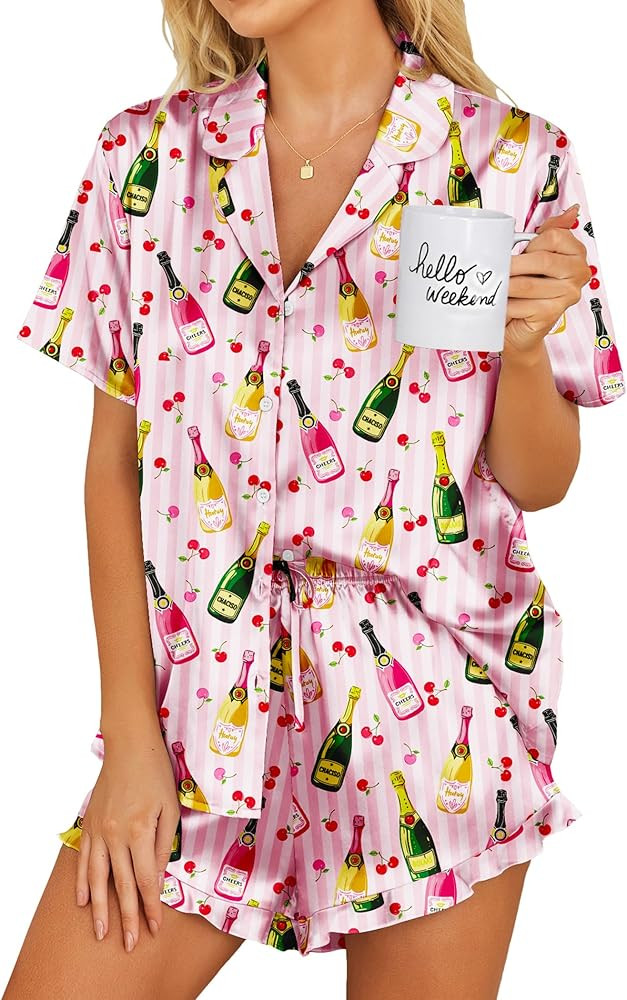 Ekouaer Womens Satin Pajamas Set Button Down 2 Piece Silk Pjs Shorts Set Ruffle Lingerie Notch Co... | Amazon (US)