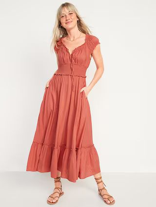 Puff-Sleeve Waist-Defined Clip-Dot Midi Dress for Women | Old Navy (US)