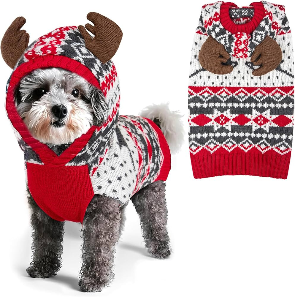 KYEESE Dog Christmas Sweater, Warm Dog Sweater for Small Dogs Boy Girl with Cute Reindeer Antler ... | Amazon (US)