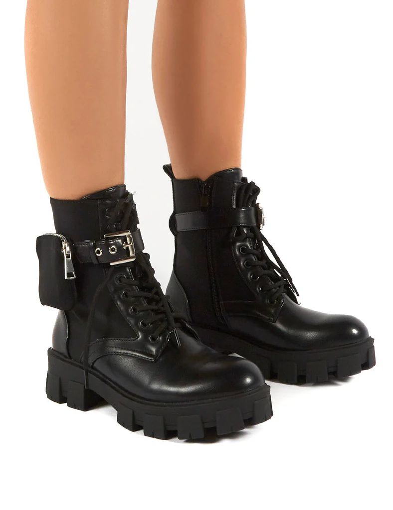 Ryder Black Chunky Sole Pouch Detail Ankle Boots | Public Desire (US & CA)