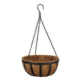English Medium Black Metal Hanging Round Planter with Coco Liner (12 in. L x 12 in. W x 5.7 in. H... | The Home Depot