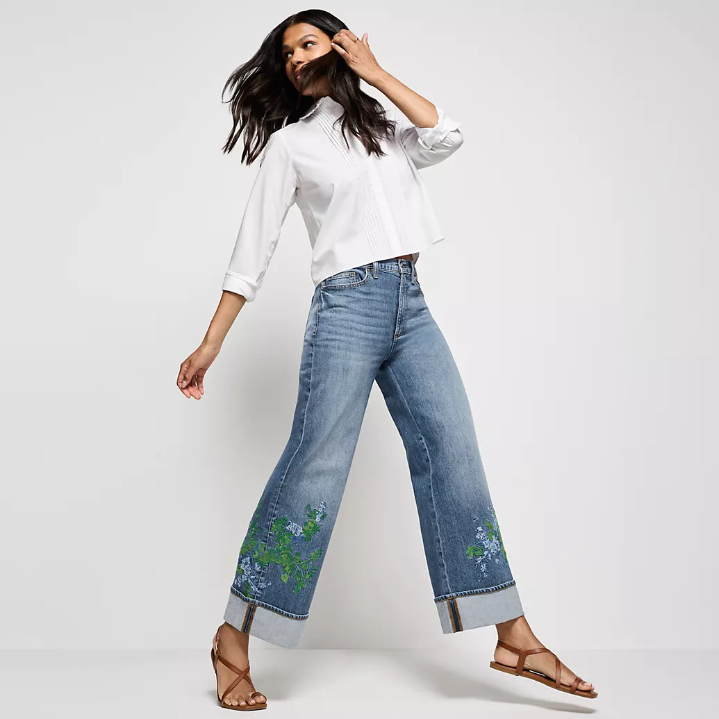 Women's Soft Denim High Rise Wide Leg Embroidery Jeans | Lands' End (US)
