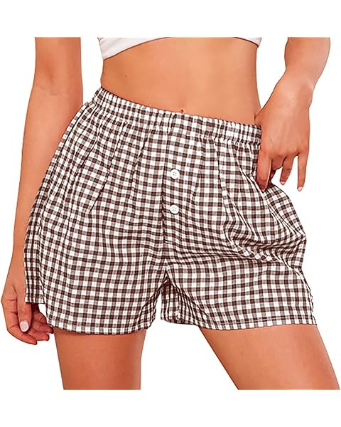 Women Gingham Boxer Shorts Y2k Cute Stripes Plaid Button Elastic Waist Lounge Boxers | Amazon (US)