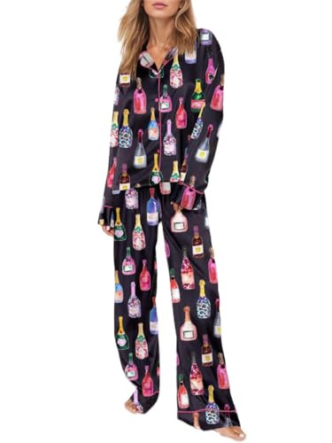Sastianaen Women Champagne Bottle Pajama Set Y2k Long Sleeve Button Down Shirt Wide Leg Pants Sleepwear(A Black,m), Medium | Amazon (US)