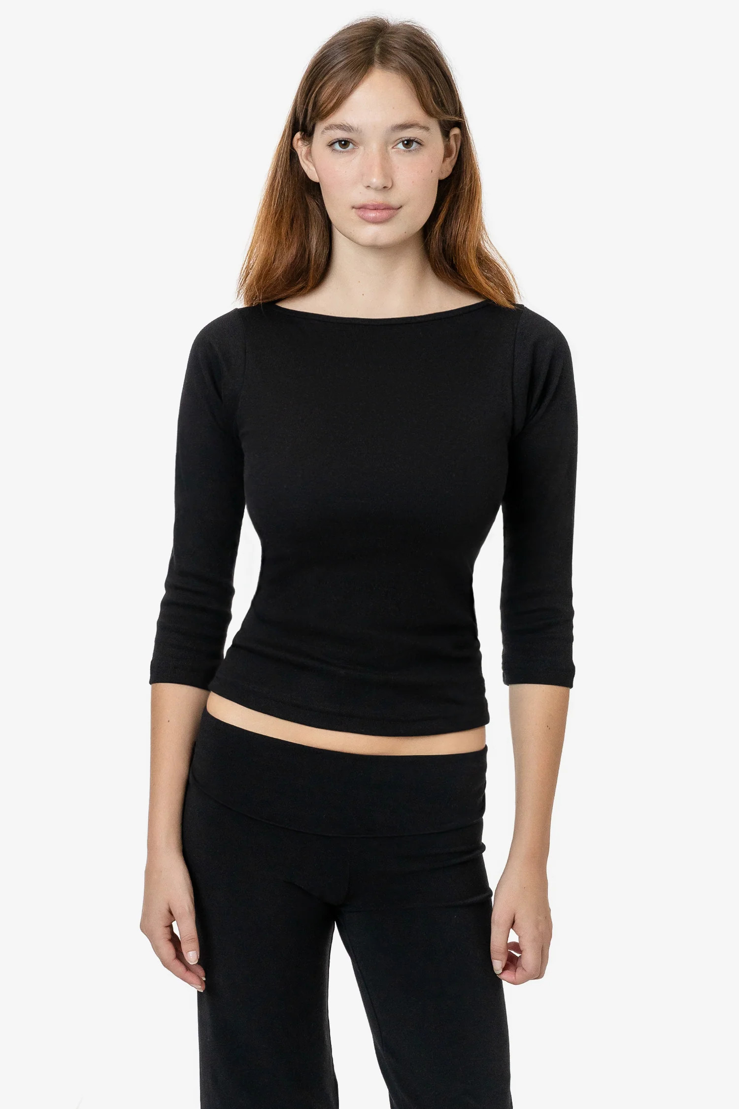 43044 - Baby Rib 3/4 Sleeve Boatneck Top - Black / L | Los Angeles Apparel
