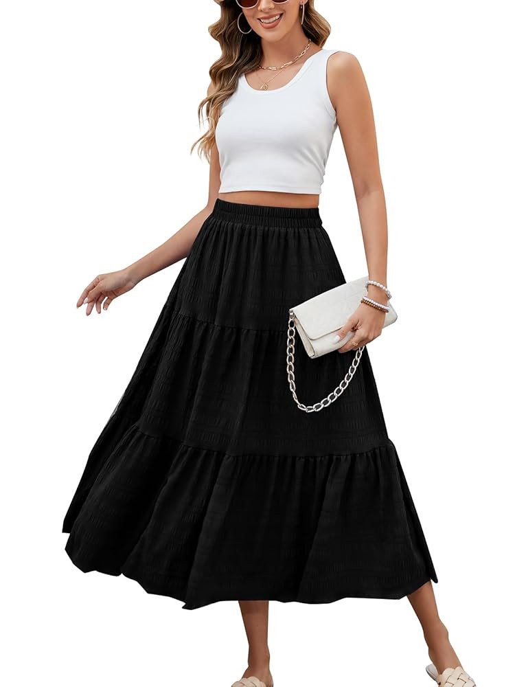 HUSKARY Women's Summer Casual Elegant Smock Layered Tiered Maxi Skirt High Waisted A Line Flowy L... | Amazon (US)