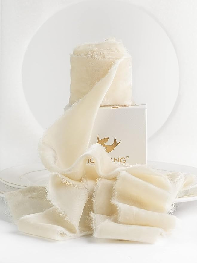 HUIHUANG Silk Velvet Ribbon Cream Hand Dyed Velvet Ribbon 2 inch x 3 Yards Roll Handmade Frayed V... | Amazon (US)