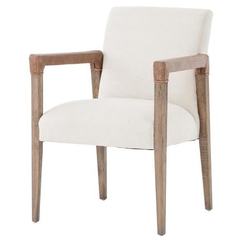 Jolie Modern French Country White Linen Leather Oak Dining Arm Chair | Kathy Kuo Home
