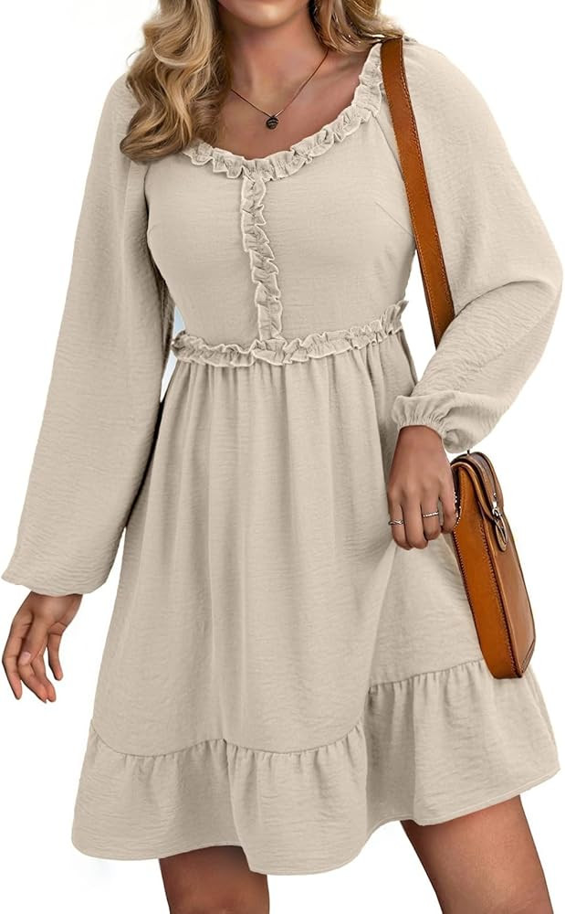 Dokotoo Womens Dresses 2025 Long Sleeve Empire Waist Ruffle Smocked Casual Mini Dress | Amazon (US)