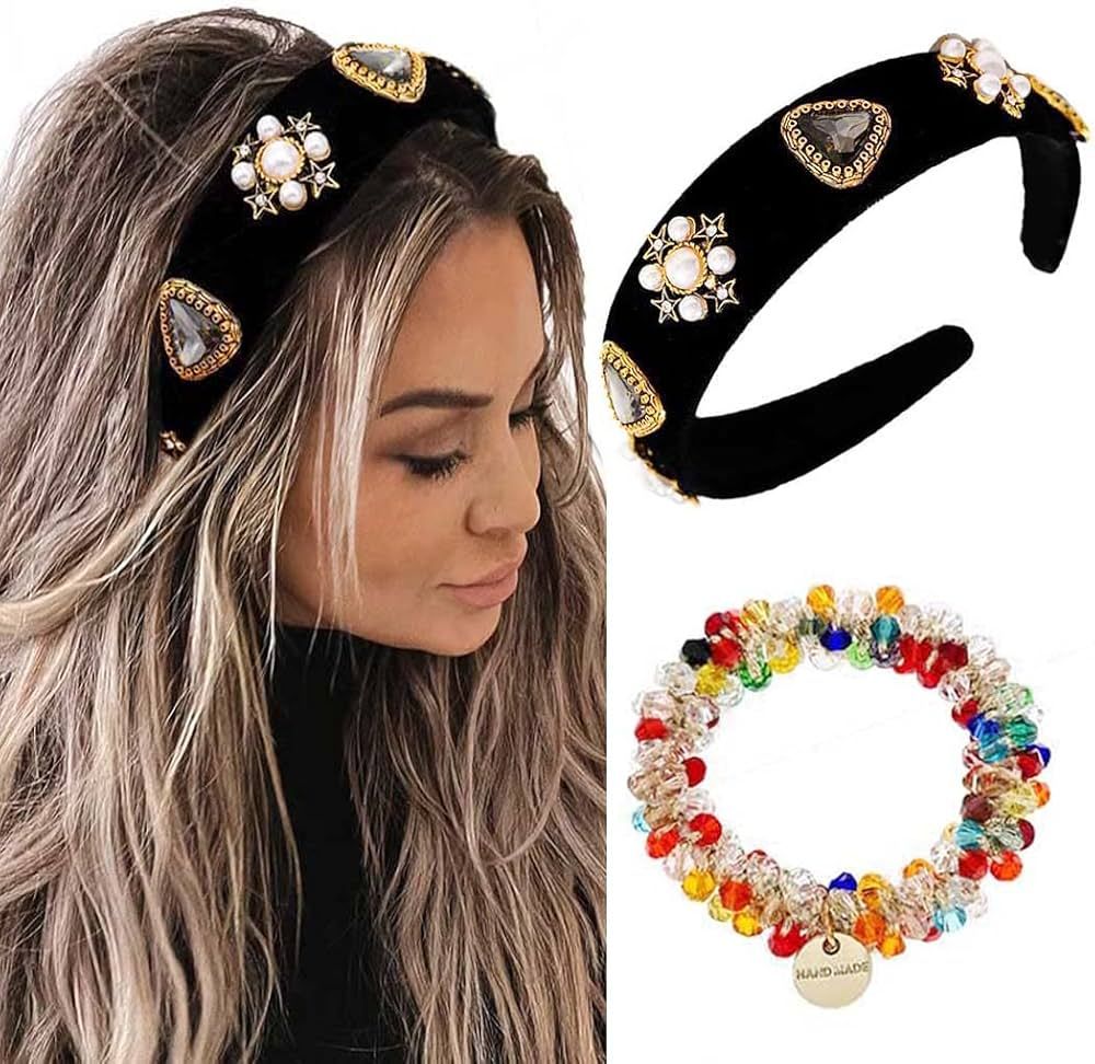 Sinalty Black Baroque Wide Headbands Rhinestone Pearl Hairband with Beaded Hair Ties Vintage Velv... | Amazon (US)