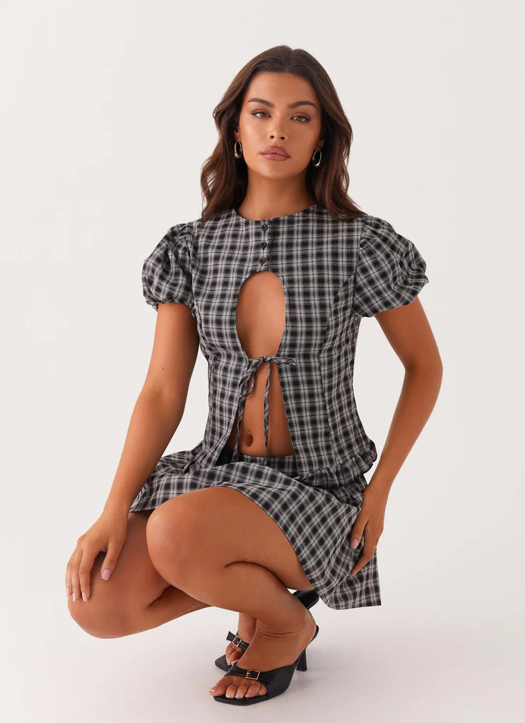 Annie Puff Sleeve Top - White Black Check | Peppermayo (Global)