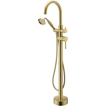 Wowkk Free Standing Tub Faucet Brushed Gold Tub Filler Freestanding Bathtub Faucets Brass Tub Faucet with Hand Shower | Amazon (US)