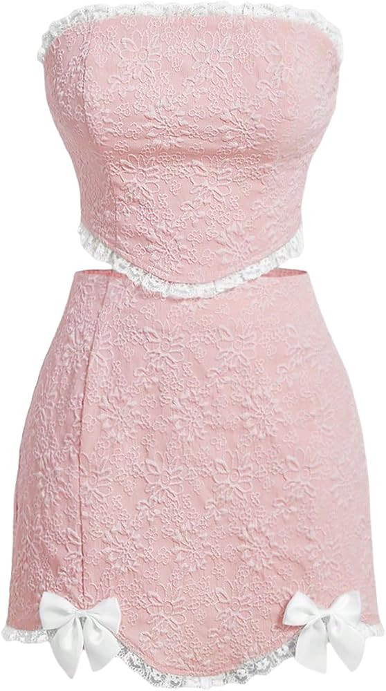 Women's Y2K 2 Piece Lace Trim Jacquard Asymmetrical Hem Bandeau Crop Top Tube and Bow Front Mini ... | Amazon (US)