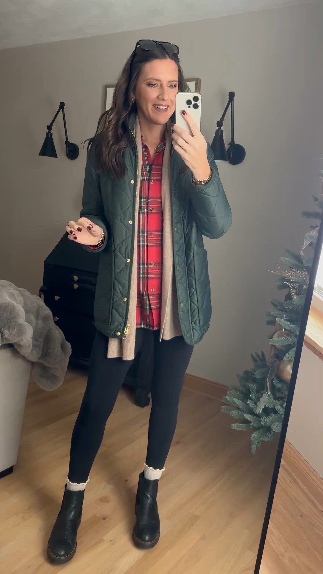 Cozy Christmas outfit 

Flannel -  medium 
Leggings - small
Jacket - small 