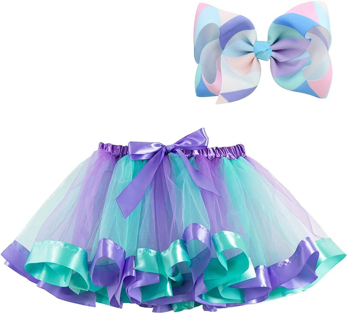BGFKS Layered Ballet Tulle Rainbow Tutu Skirt for Little Girls Dress Up with Colorful Hair Bows | Amazon (US)