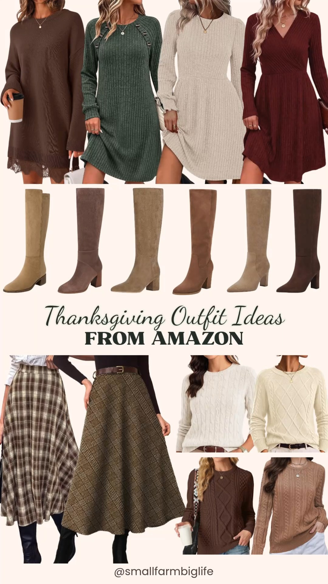 🦃 Thanksgiving Outfit Ideas From Amazon

Pair a cozy sweater dress or a plaid midi skirt with suede knee high boots for these Thanksgiving outfit ideas from Amazon. The fall dresses include a heather army green ribbed long sleeve dress with button detail and pockets, a wine wrap sweater dress with a surplice neck and an A line skirt, a beige casual sweater dress, and a coffee oversized knit sweater dress with lace patchwork. They're comfortable for a long Thanksgiving dinner and also work for church, the office, or date night. If you'd rather wear a skirt, the brown and khaki plaid high waisted A line midi skirt and the coffee plaid flared tartan skirt with pockets look great with a cream cable knit crewneck, an ivory merino wool cable sweater, a light coffee cable knit pullover, or a mocha brown chunky vintage style sweater. For fall boots, choose tan suede pointed toe knee high boots with a 3.15 inch block heel, camel suede boots with a low chunky heel, taupe square toe tall boots, tan stretchy suede boots with a rounded toe, or brown faux suede chunky heel boots. These midi lengths, soft knits, and comfortable block heels make easy fall outfits for women over 50, and every piece mixes and matches for the whole holiday season.

#amazonfashion #amazonfinds #thanksgivingoutfit #sweaterdress #fallboots #plaidskirt 

 #LTKootd #LTKOver40 #LTKWorkwear