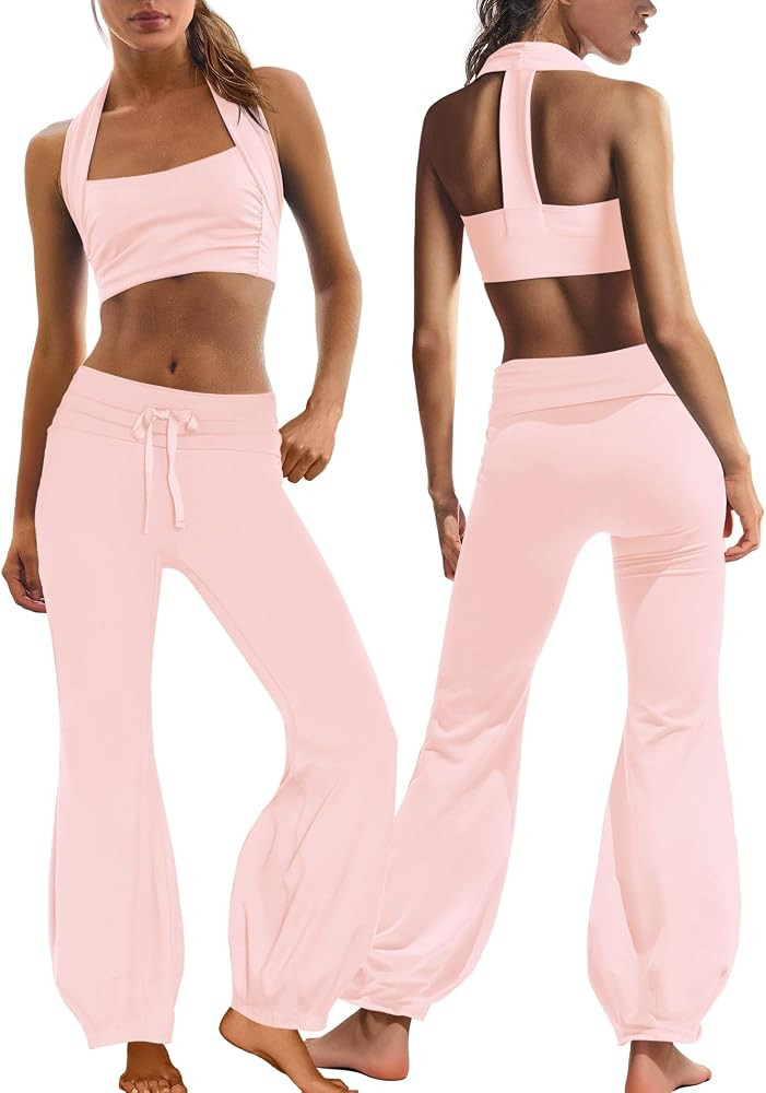 Womens Two Piece Workout Sets Athletic Yoga Set Halter Sports Bra and Fold Over Flare Leggings Pilates Gym Outfits | Amazon (US)