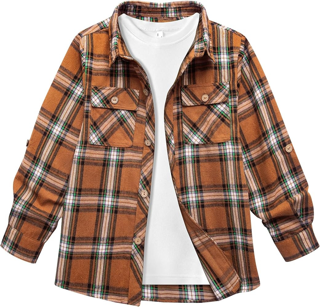 Boys Plaid Flannel Shirts Long Sleeve Casual Button Down Shirts Collared Fall Clothes | Amazon (US)