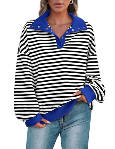 PRETTYGARDEN Women's Oversized Striped Sweatshirts Spring Fall Trendy Casual Long Sleeve Button Up Tops Shirt Preppy Clothes (Striped Black White,Large) | Amazon (US)