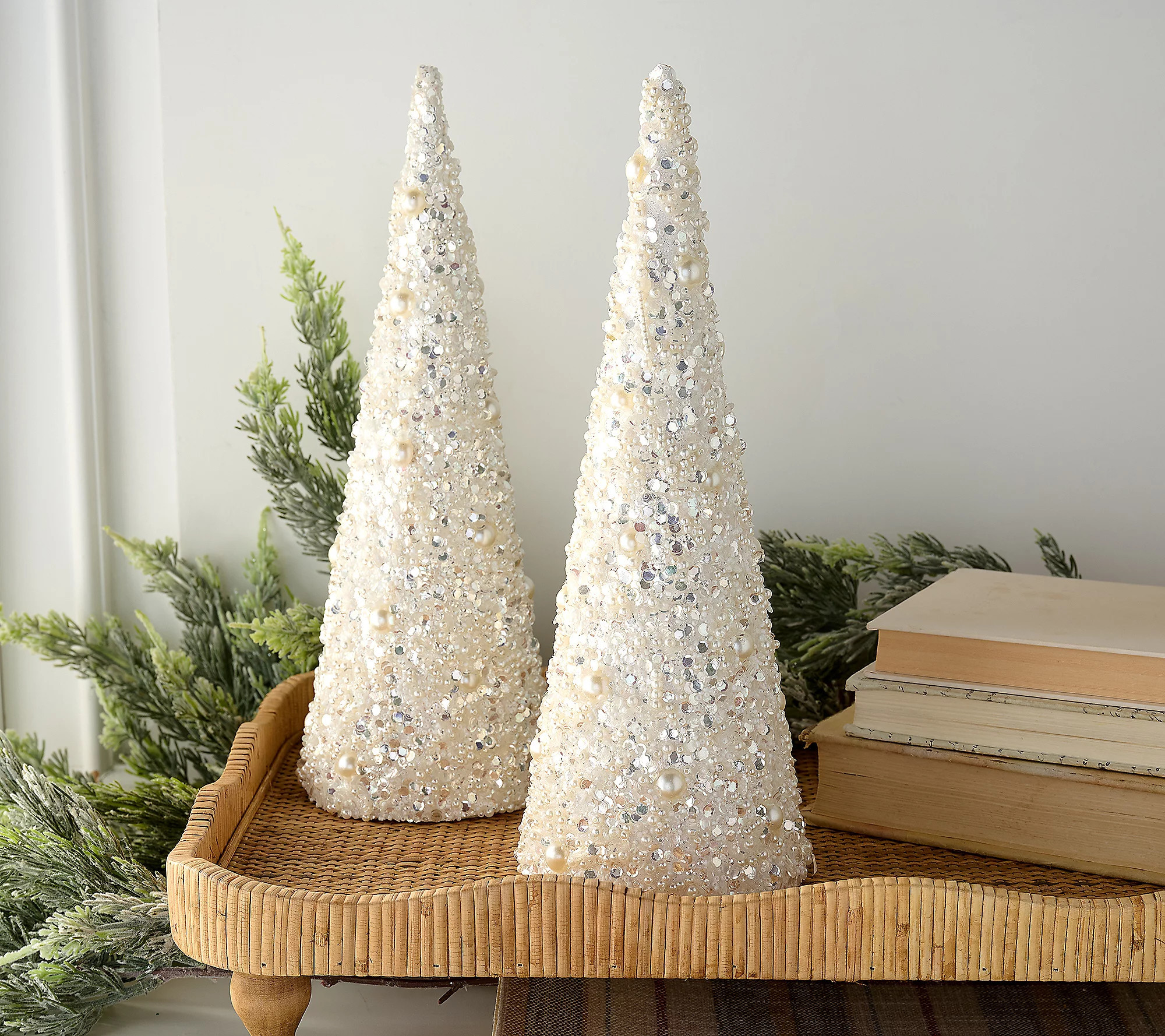 Set of 2 Pearl and Glitter Cone Trees by Valerie | QVC