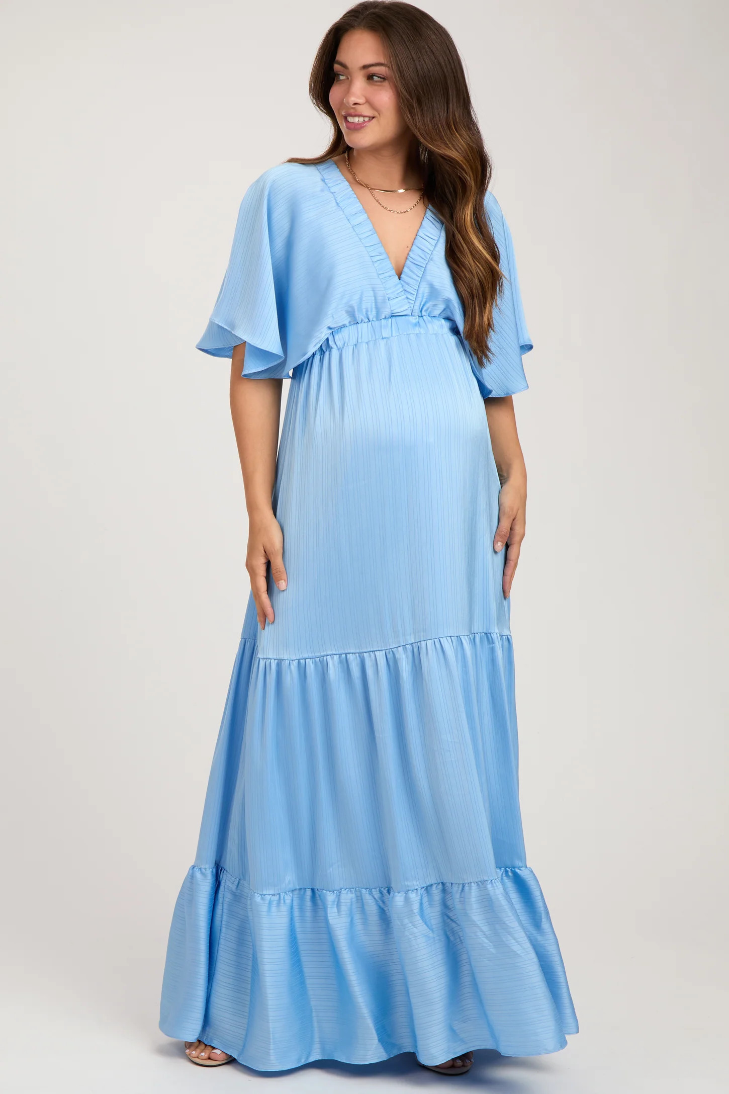 Light Pink V-Neck Flutter Sleeve Tiered Maternity Maxi Dress | PinkBlush Maternity