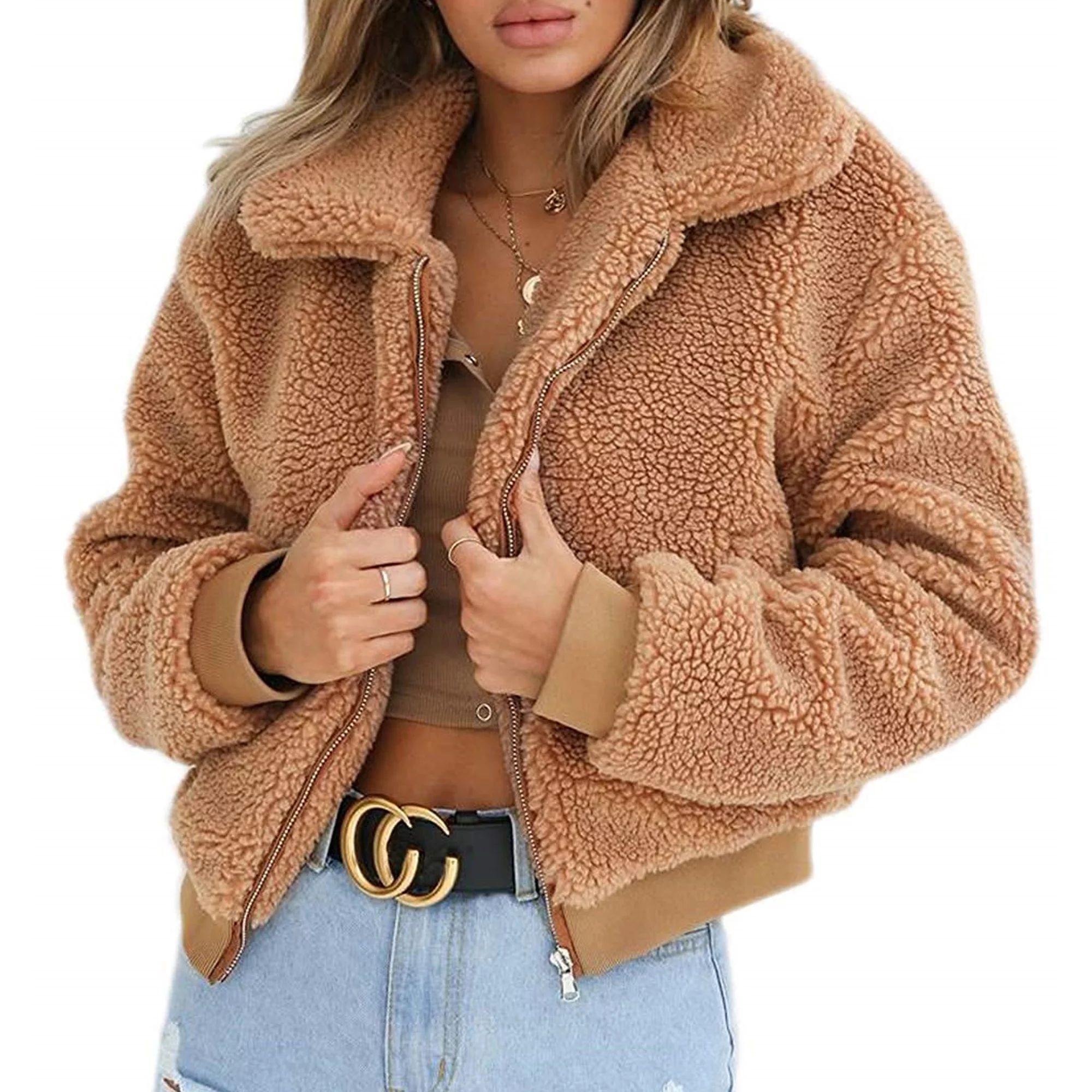 Womens Lady Winter Teddy Bear Fleece Fur Fluffy Zip Coat Jackets Jumper Outwear | Walmart (US)