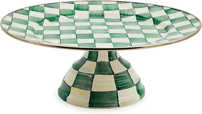 MACKENZIE-CHILDS Enamel Pedestal Platter, Round Cake Stand, Large, Green-and-White Emerald Check | Amazon (US)