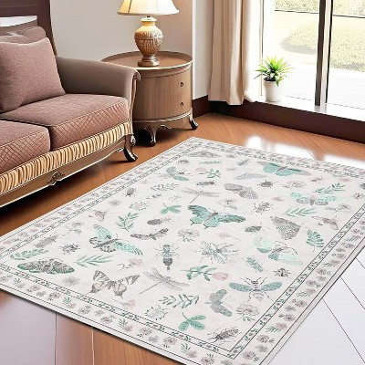 Floral Insect Print Washable Area Rugs for Living Room, Modern Non Slip Low Pile Area Rug: 8'x10' Beige, Stain-Resistant, Machine Made, TPR Backing | Target