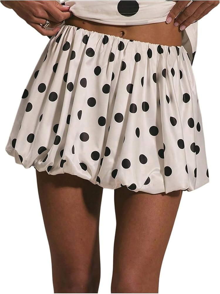 WDIRARA Women's Polka Dots Bubble Skirt Elastic Waist Ruffle Hem A Line Mini Skirts | Amazon (US)