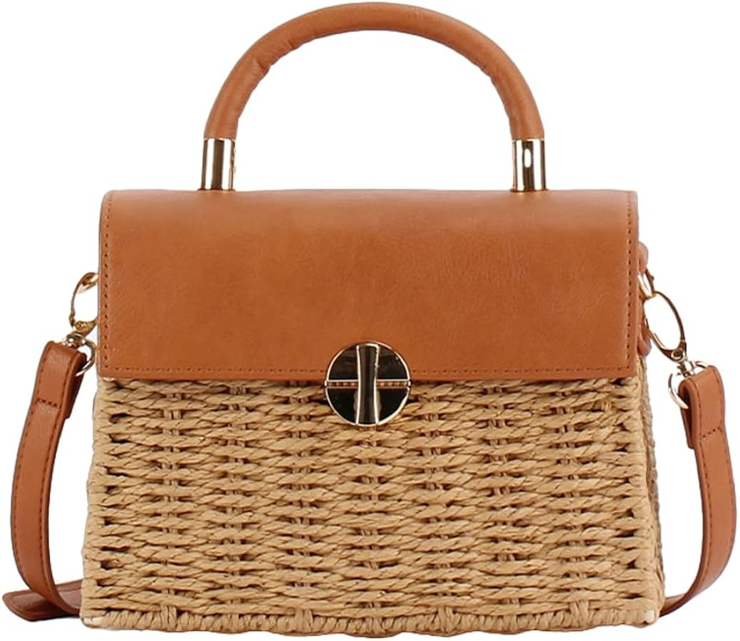 Women Handwoven Straw Purse Rattan Handbag Beach Woven Straw Tote Square Bag Boho Basket Crossbod... | Amazon (US)