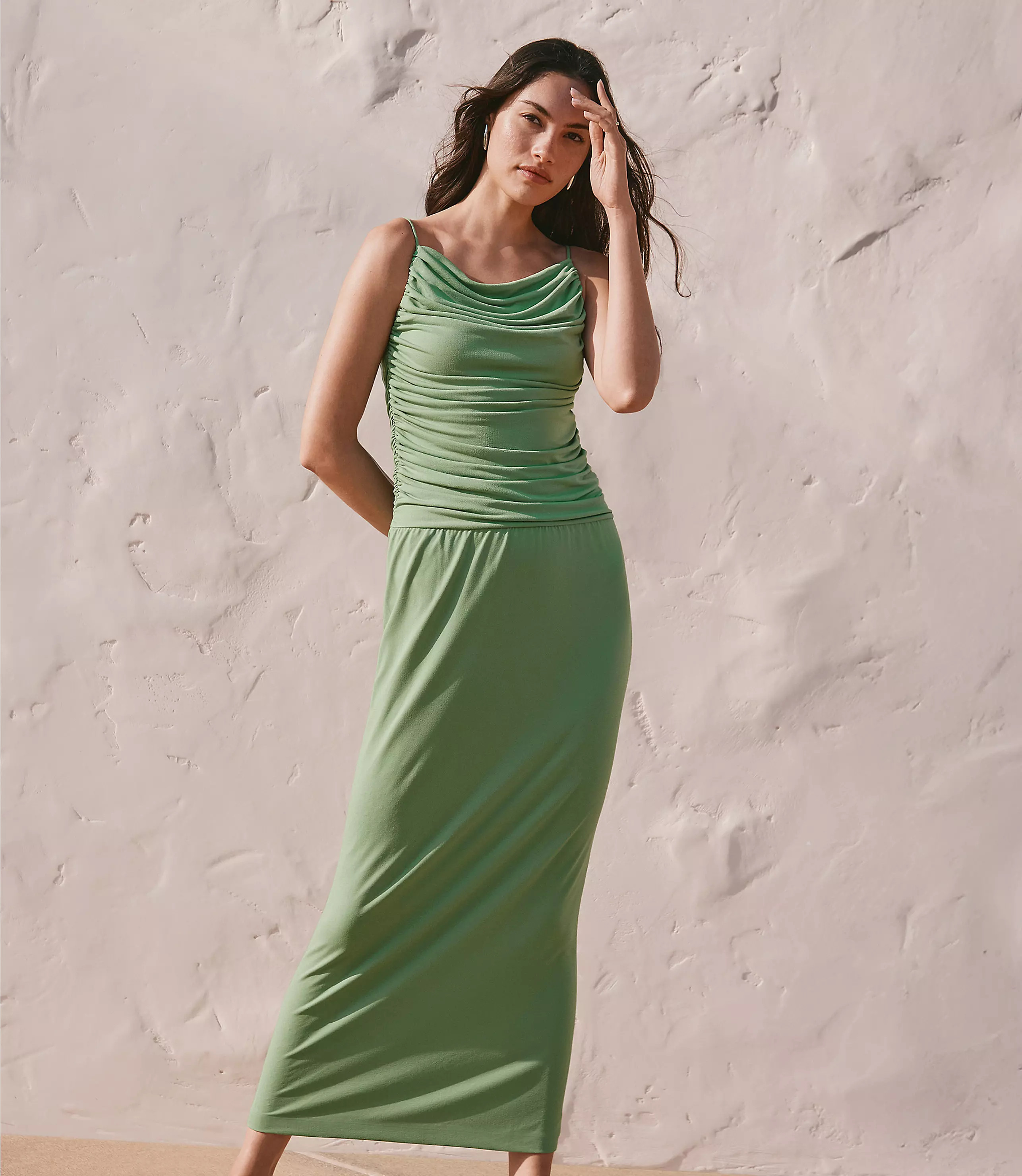 Ruched Apron Neck Midi Dress | LOFT