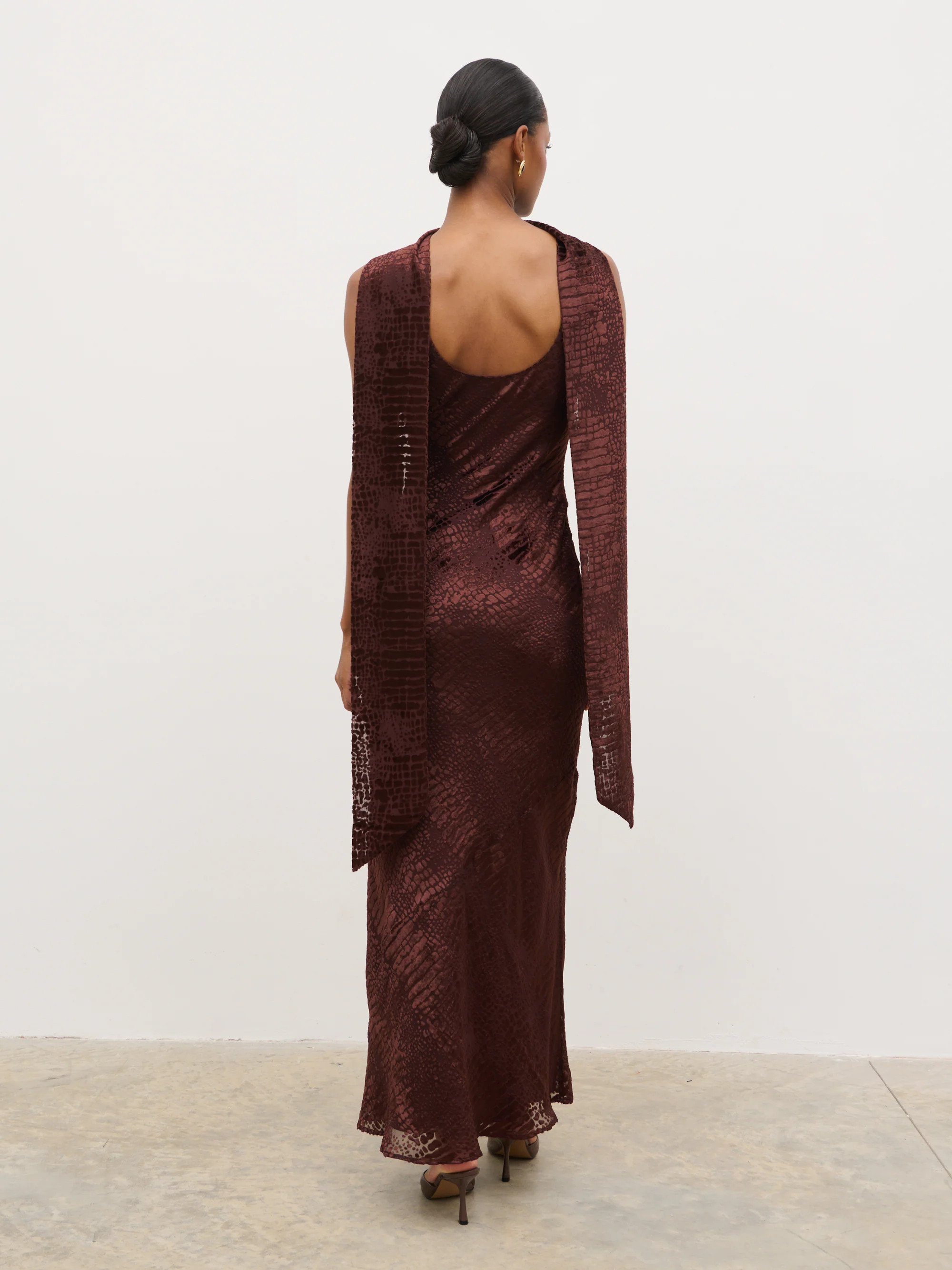 Ainsley Cowl Devore Neck Maxi Slip - Brown | Pretty Lavish (UK)