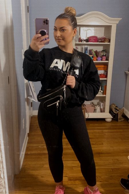 Running errands OOTD 
- black oversized crewneck
- my favorite workout leggings that are under $25 ( buttery soft, great stretch, and not see through)
- pink rhinestone sneakers
- black rhinestone Fanny pack/ crossbody bag with mini wallet bag attached 

#LTKFind #LTKstyletip #LTKfit
