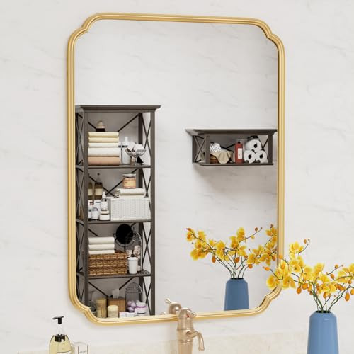 Ferytange 30" x 40"Gold Bathroom Mirror for Over Sink, Modern Rounded Corner Rectangle Wall Mirror for Bathroom Vanity Decorative with Non-Rusting Iron Metal Framed (Horizontal/Vertical) | Amazon (US)