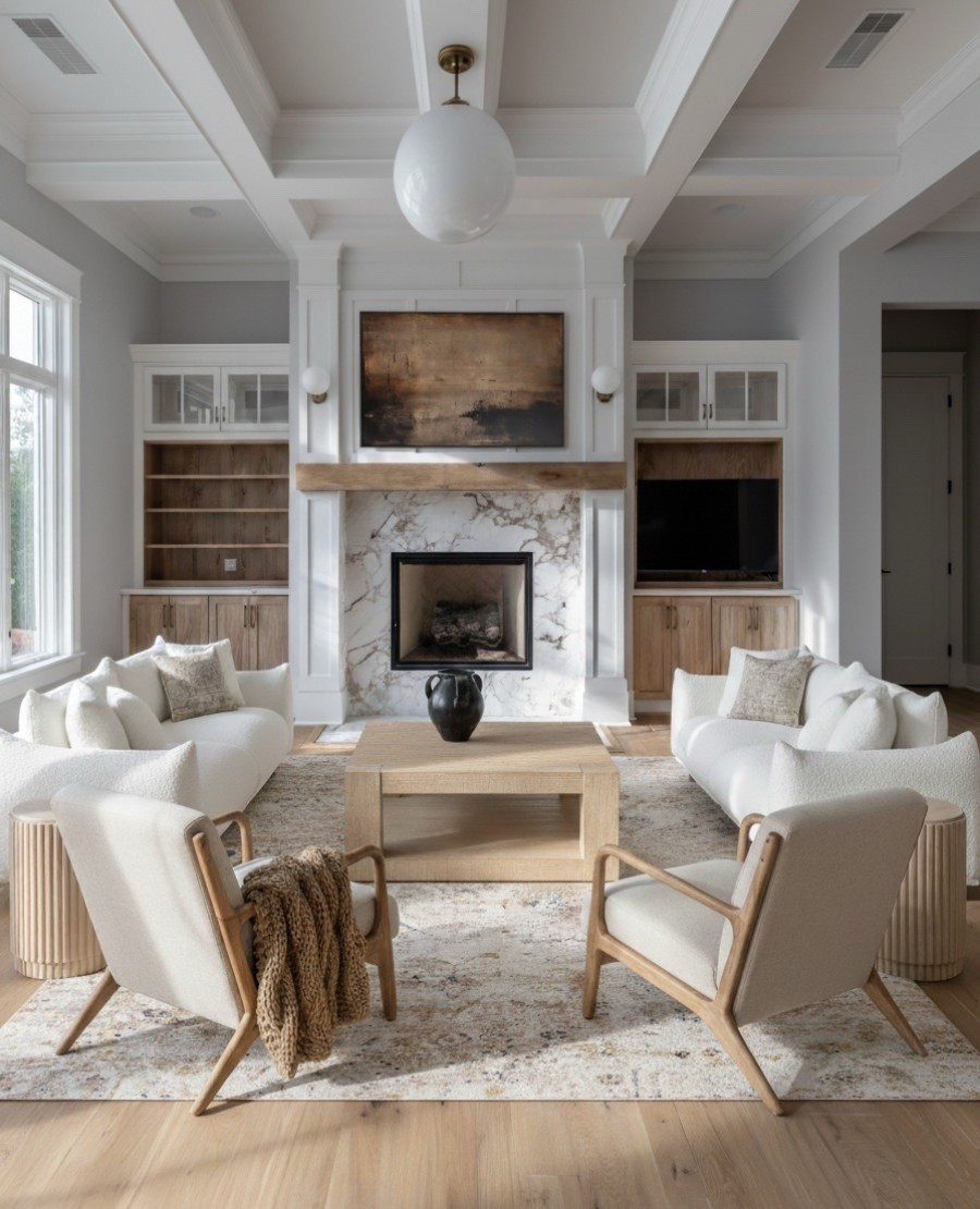 A refined yet cozy modern living room grounded in warm neutrals and layered textures. The coffered ceiling adds architectural depth, while a marble fireplace with a rustic wood mantel serves as the room’s statement piece. Two ivory boucle sofas balance comfort and style, paired with mid-century oak accent chairs for a sculptural touch. A light oak square coffee table, ribbed side tables, and a vintage-patterned rug tie everything together with organic warmth. Subtle black accents — like the matte ceramic vase and artwork above the mantel — complete the look with contrast and balance.

Shop the look:
Boucle sofas | Oak armchairs | Marble fireplace surround | Light oak coffee table | Ribbed side tables | Vintage-style rug | Ceramic vase | Neutral throw blanket | Framed artwork | Brass globe pendant 

#LTKHome #LTKSaleAlert #LTKFindsUnder100