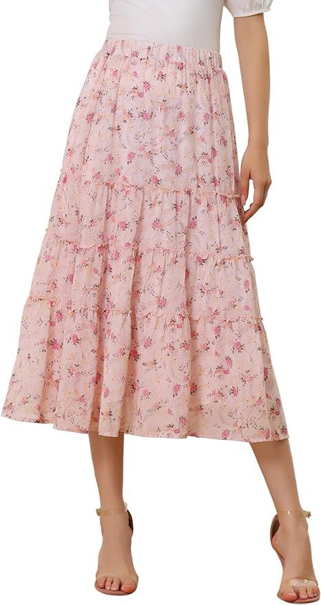 Allegra K Women's Floral Skirts Chiffon A-line Long Tiered Ruffle Boho Midi Skirt XS-3XL | Amazon (US)