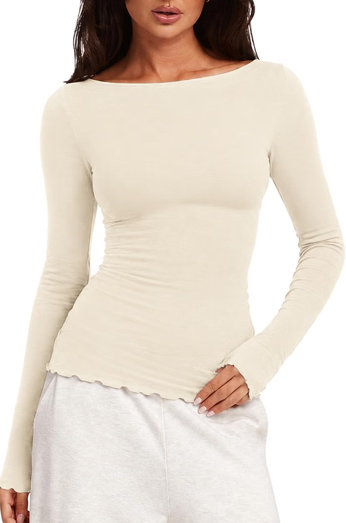 QINSEN Long Sleeve Shirts for Women Boat Neck Slim Fit Going Out Tops | Amazon (US)