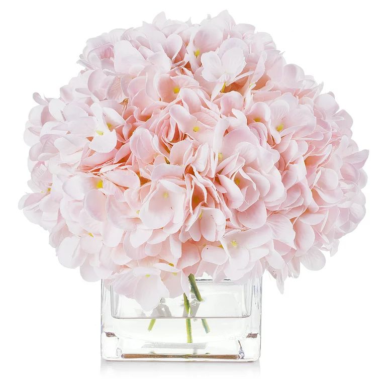 Enova Home Artificial Silk Hydrangea Fake Flowers Arrangement in Cube Glass Vase with Faux Water ... | Walmart (US)
