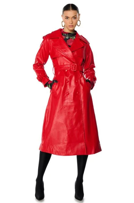 AU REVOIR FAUX LEATHER TRENCH IN RED | AKIRA
