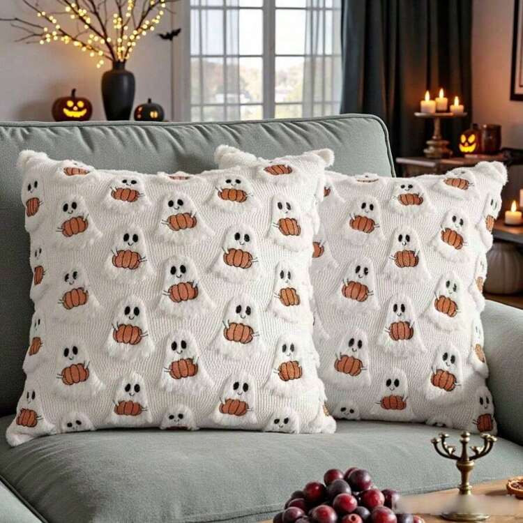 1/2pc Ghost Pumpkin Plush Cushion Cover, Adorable Quilted Craft Halloween Decor, 18x18 Inch, Suitable For Living Room, Bedroom, Party Decoration, Pillow Insert Not Included | SHEIN