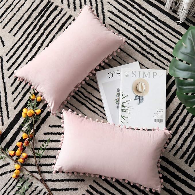 DEZENE 12x20 Throw Pillow Covers Pink: 2 Pack Cozy Soft Pom-poms Velvet Rectangular Decorative Pi... | Amazon (US)