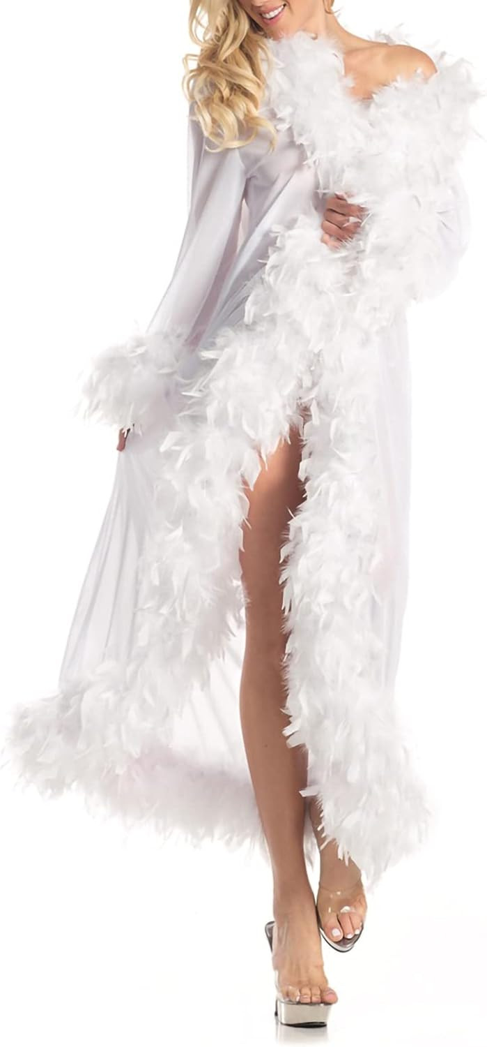 Women Lingerie Feather Robe Sexy Long Sheer Kimono Robe See Through Babydoll Bridal Robes Nightgo... | Amazon (US)