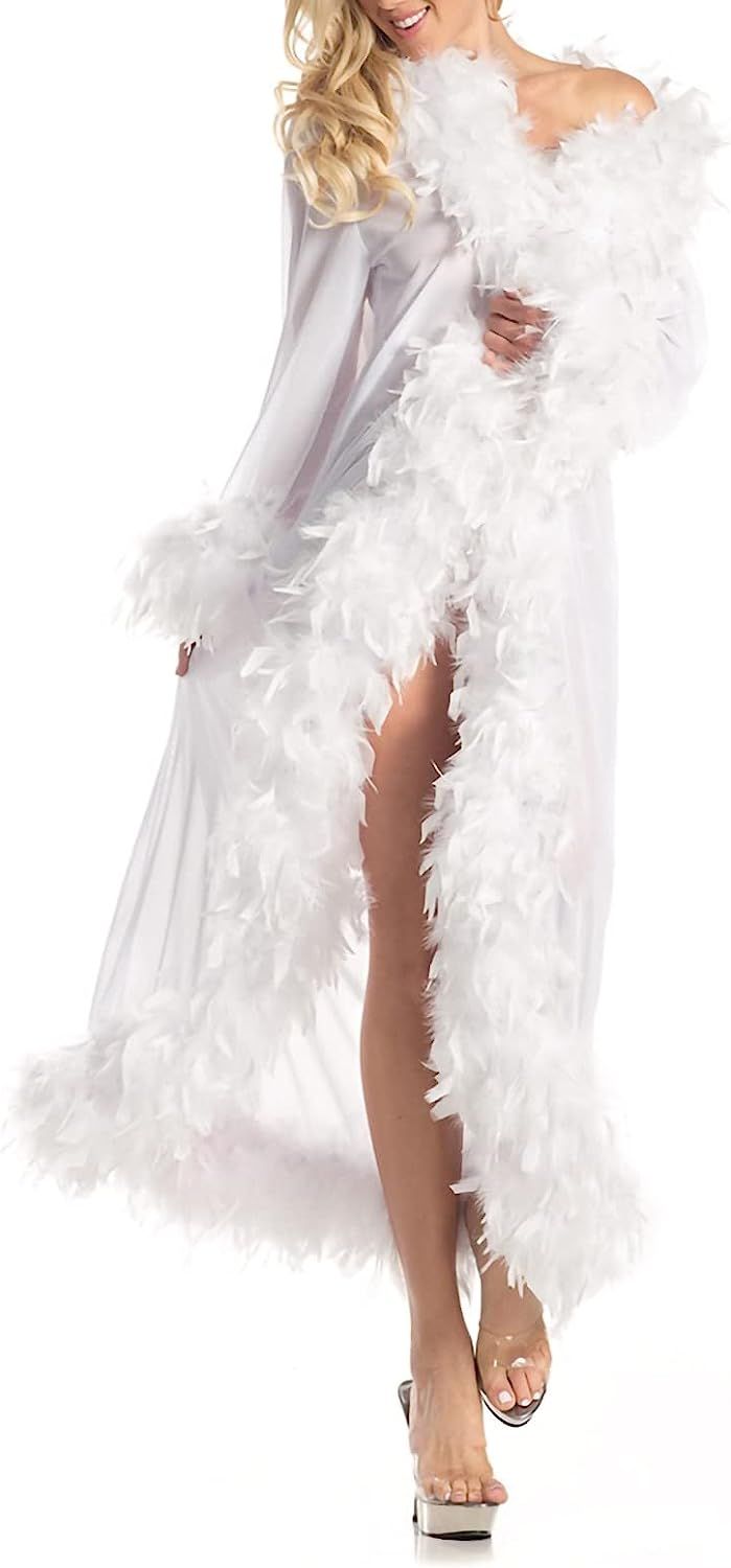 Women Lingerie Feather Robe Sexy Long Sheer Kimono Robe See Through Babydoll Bridal Robes Nightgo... | Amazon (US)