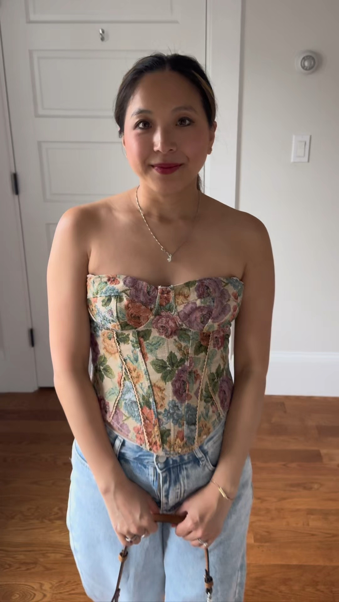 This print is so so pretty. I fell in love with this when I saw it on the website. But the straps were too long to sit on my shoulders right. I tucked in the straps and made it into a strapless top which I think looks cute. The bust area was veryyyy big on me so definitely works better if you are full :( 

Hoping they come out with more tops with this fabric because it’s so pretty but this one didn’t work for me for these reasons. It’s also a tie up corset so it’s a pain taking on and off. 

So so cute though. Wish it worked for me!