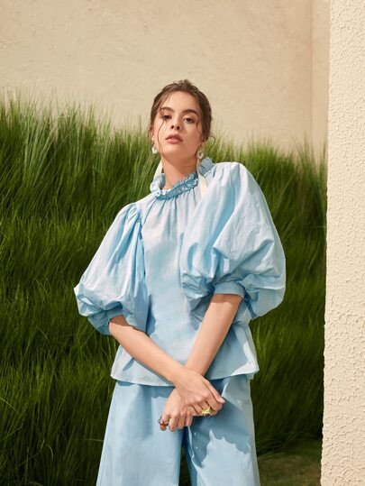 SHEIN Mock Neck Lantern Sleeve Top | SHEIN