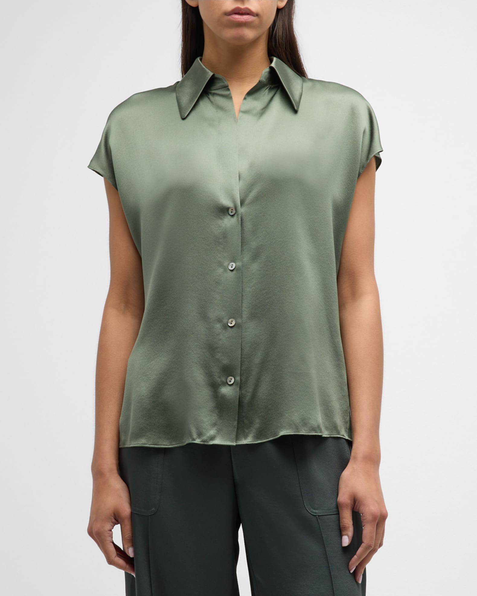 Cap-Sleeve Ruched-Back Silk Blouse | Neiman Marcus