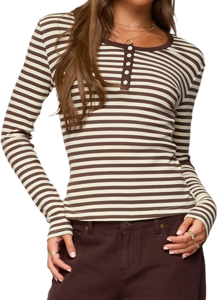 Women Henley Shirt Striped Long Sleeve Half Button Y2k Fairy Tshirt Slim Babydoll Grunge Going Ou... | Amazon (US)