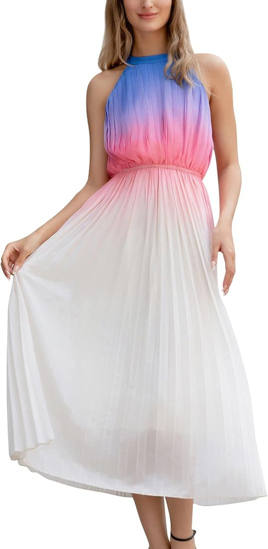 Paintcolors Women's Halter Sleeveless Pleated Long Maxi Dress Backless Ombre Summer Beach Chiffon... | Amazon (US)